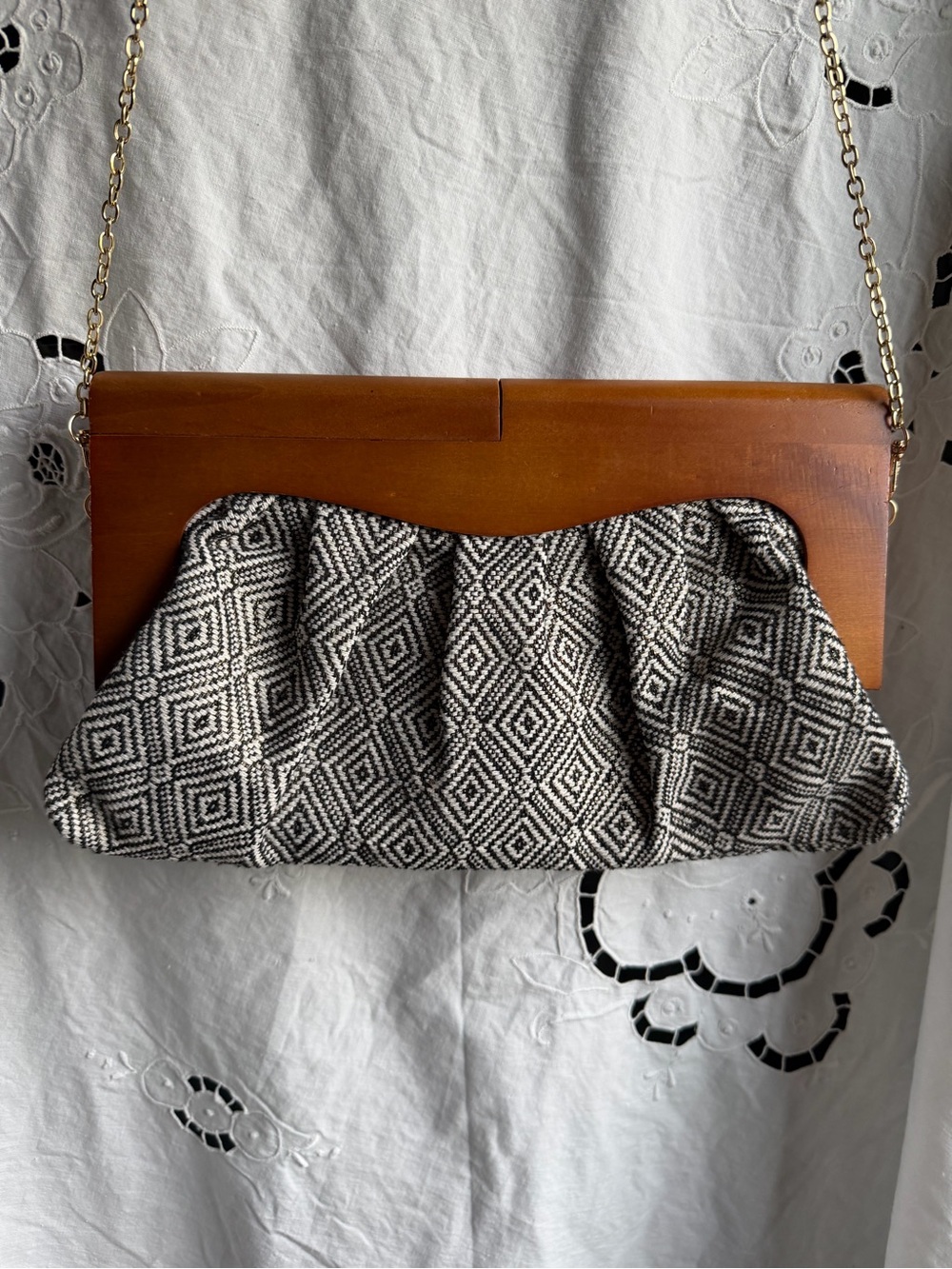 Urban Expressions Wood Frame Clutch Black White Geometric Boho Retro Bag